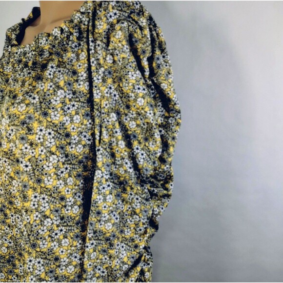 Max Studio Top Women's L  Ruched Long Sleeves Modest Gathered Neck Yellow Floral - Picture 3 of 10